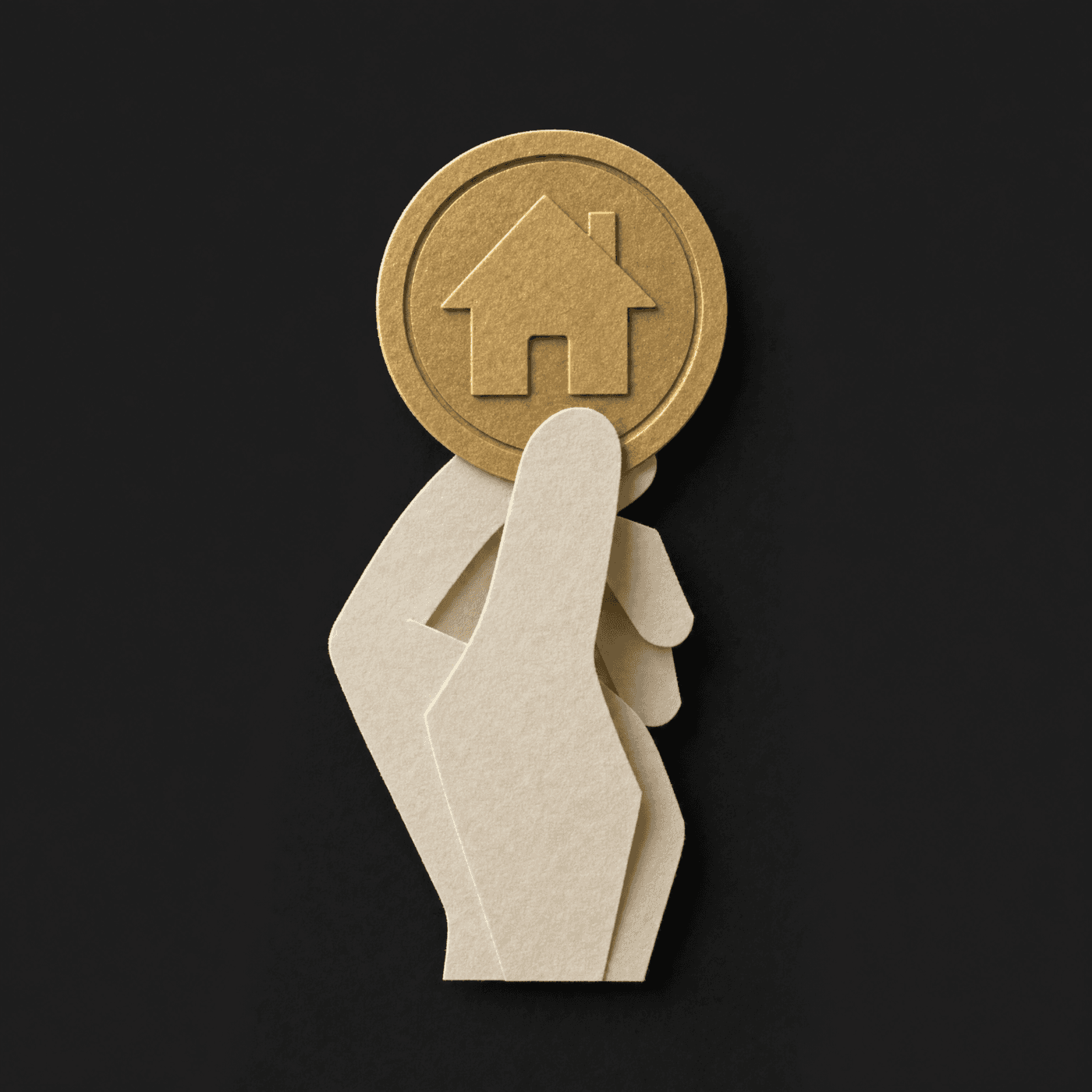 A paper hand holding a gold coin embossed with a house